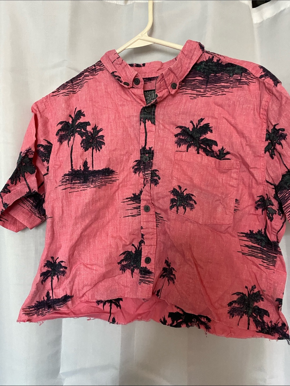 Women’s  Pink Tropical Button-Up Shirt cut to crop.